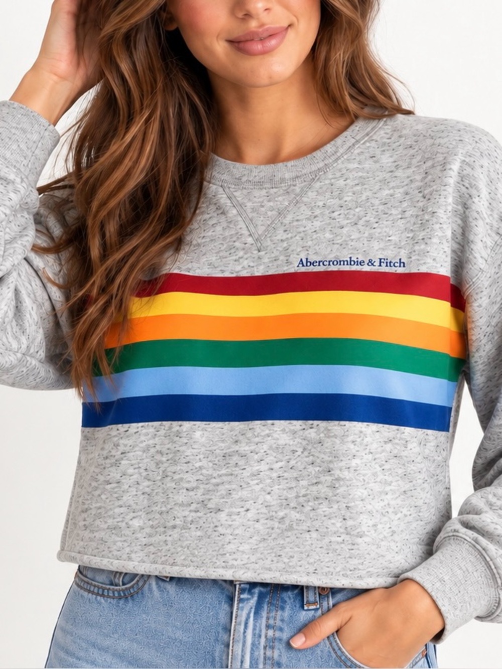Abercrombie & Fitch Gray Rainbow Stripe Cropped Crewneck Sweatshirt XS